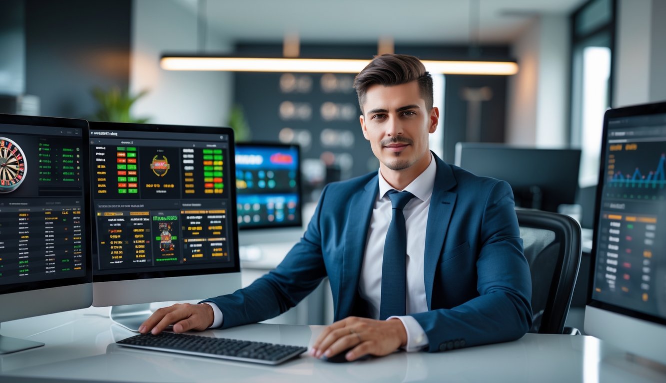 Seseorang duduk di meja dengan beberapa layar komputer yang menampilkan permainan kasino online di sebuah kantor modern.