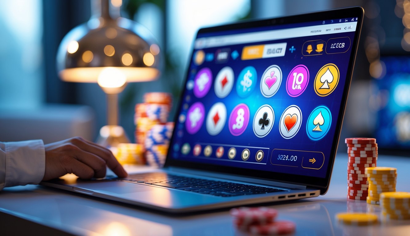 Seorang pengguna sedang bermain judi online di depan komputer dengan suasana ruangan yang nyaman dan modern.