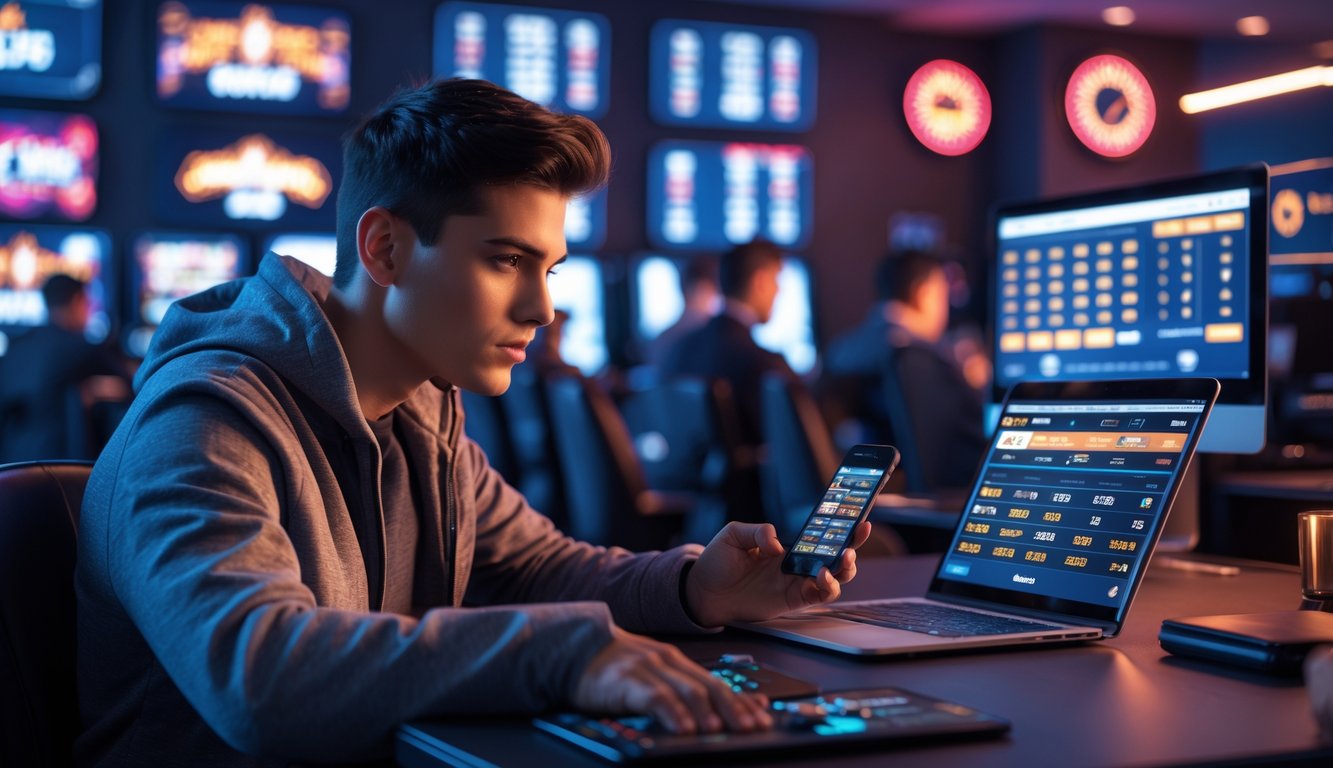 Seorang dewasa muda menggunakan laptop dan ponsel di ruangan dengan beberapa layar digital yang menampilkan permainan kasino dan taruhan.