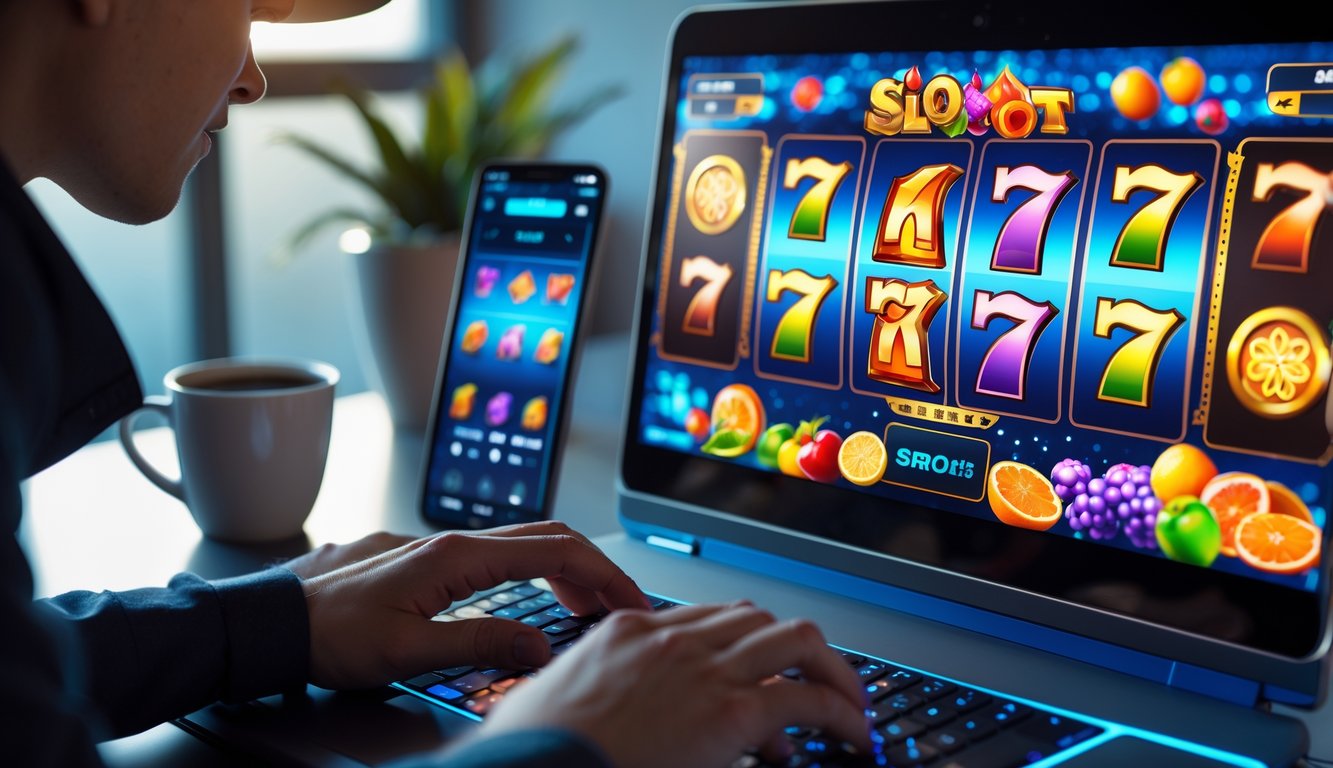 Seseorang bermain permainan slot online di komputer dengan layar menampilkan gulungan mesin slot berwarna-warni di ruang kerja modern.