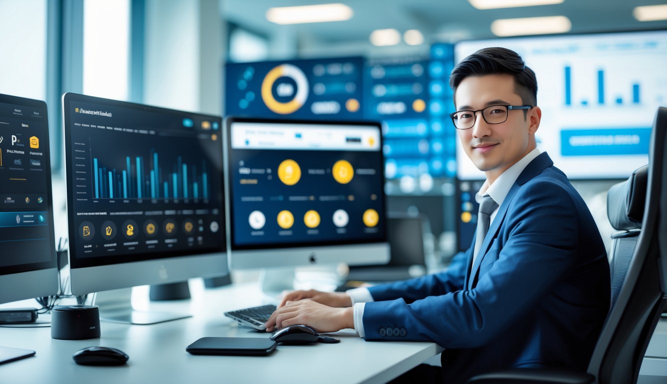 Seorang profesional duduk di meja dengan beberapa layar komputer yang menampilkan grafik dan ikon pembayaran digital di kantor modern.