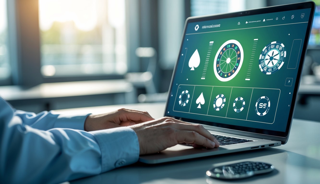Seseorang menggunakan laptop di meja kerja dengan tampilan antarmuka digital yang menampilkan ikon terkait judi secara abstrak, menunjukkan lingkungan judi online yang aman dan terpercaya.