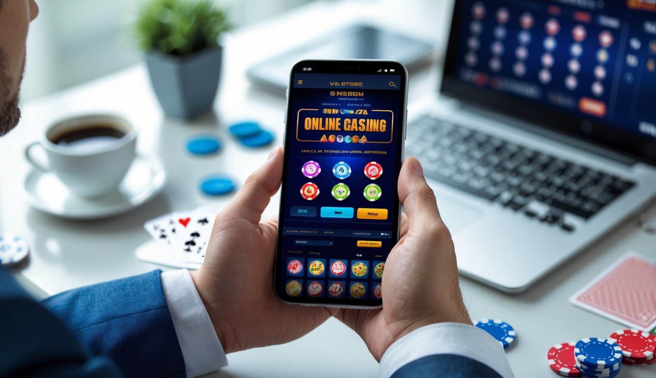 Seseorang memegang ponsel dengan tampilan aplikasi judi online, duduk di meja kerja dengan laptop dan cangkir kopi.