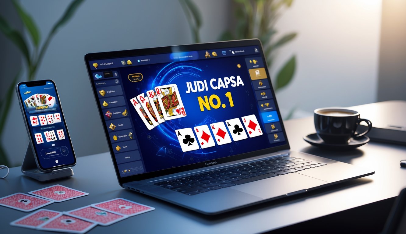 Sebuah laptop modern menampilkan permainan kartu digital dengan kartu warna-warni, dikelilingi oleh ponsel dan cangkir kopi di meja yang rapi.