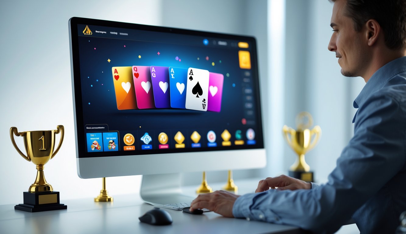 Seseorang sedang menggunakan komputer dengan tampilan permainan kartu digital di layar dalam suasana yang profesional dan terpercaya.