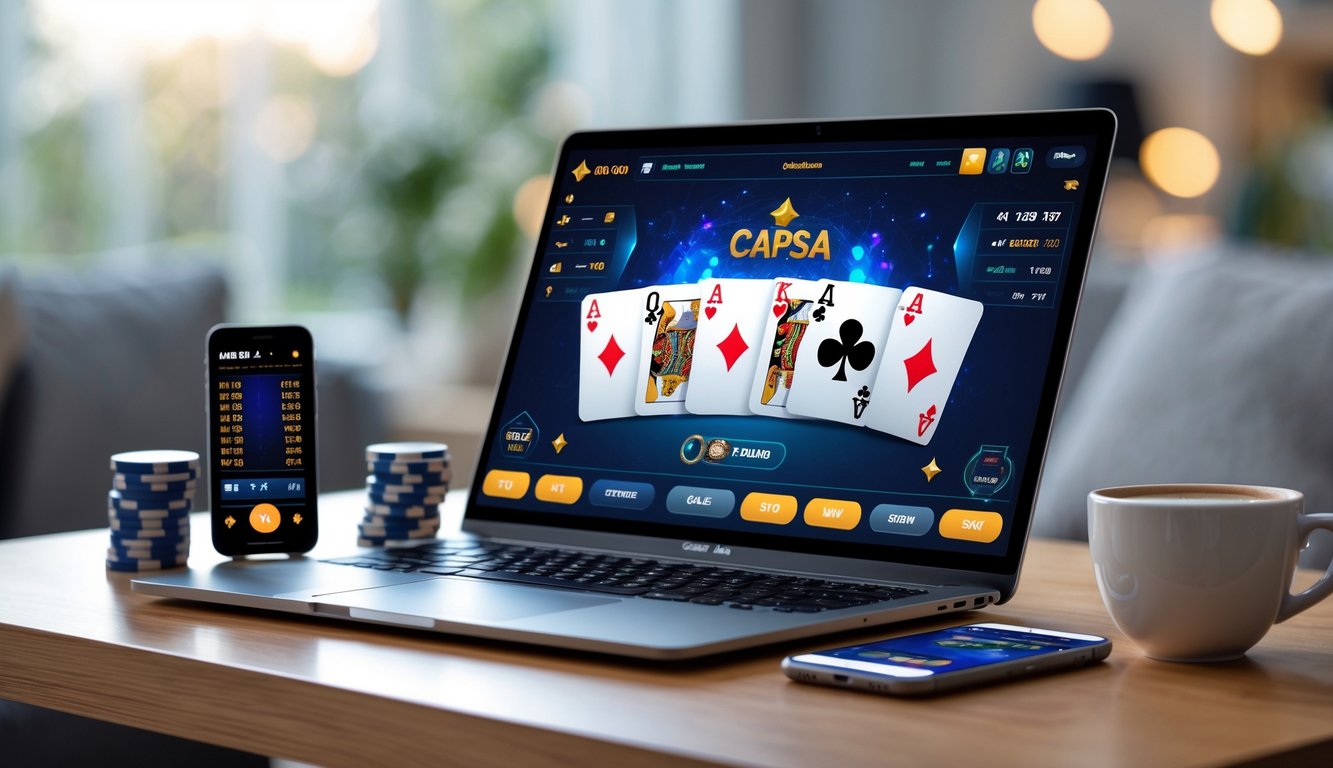 Seorang pemain menggunakan laptop untuk bermain permainan kartu Capsa online dengan tumpukan chip dan ponsel di meja kayu.