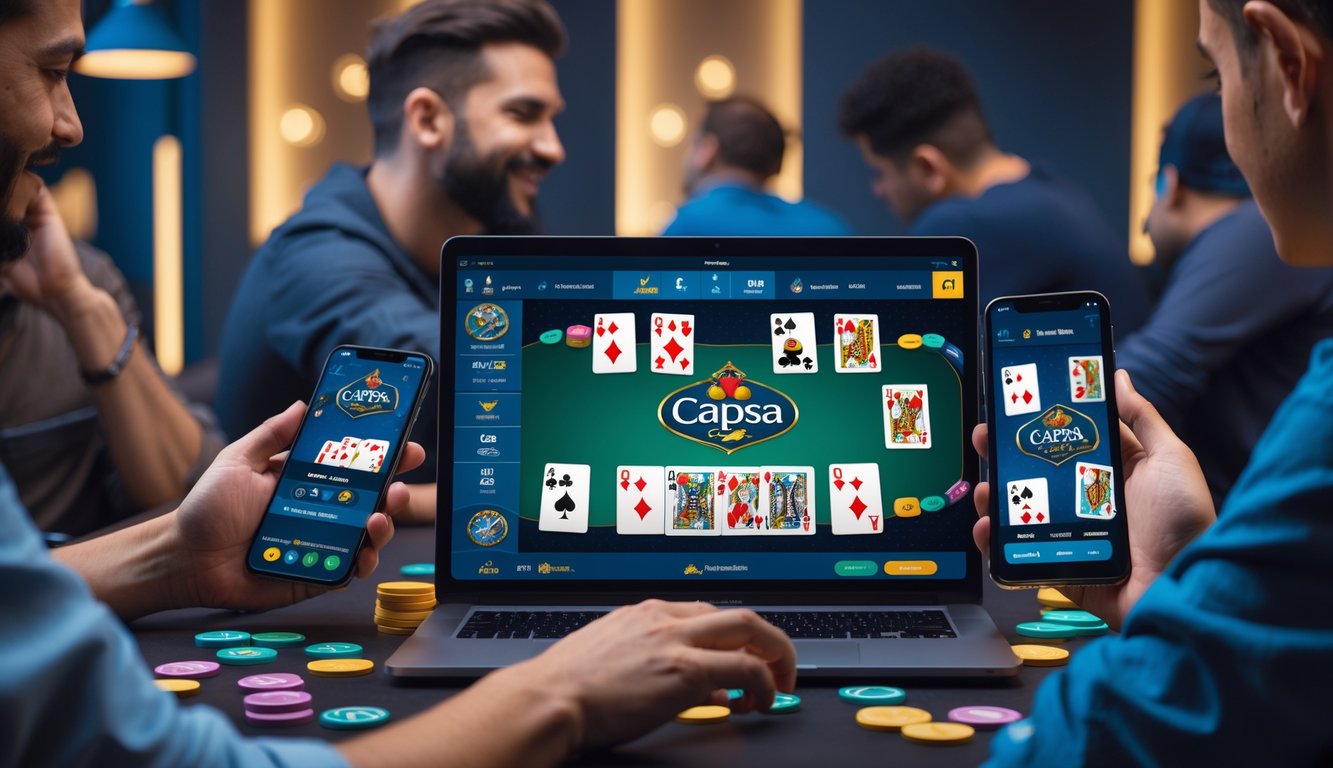 Orang-orang bermain permainan kartu Capsa online menggunakan laptop dan ponsel di ruangan yang nyaman.