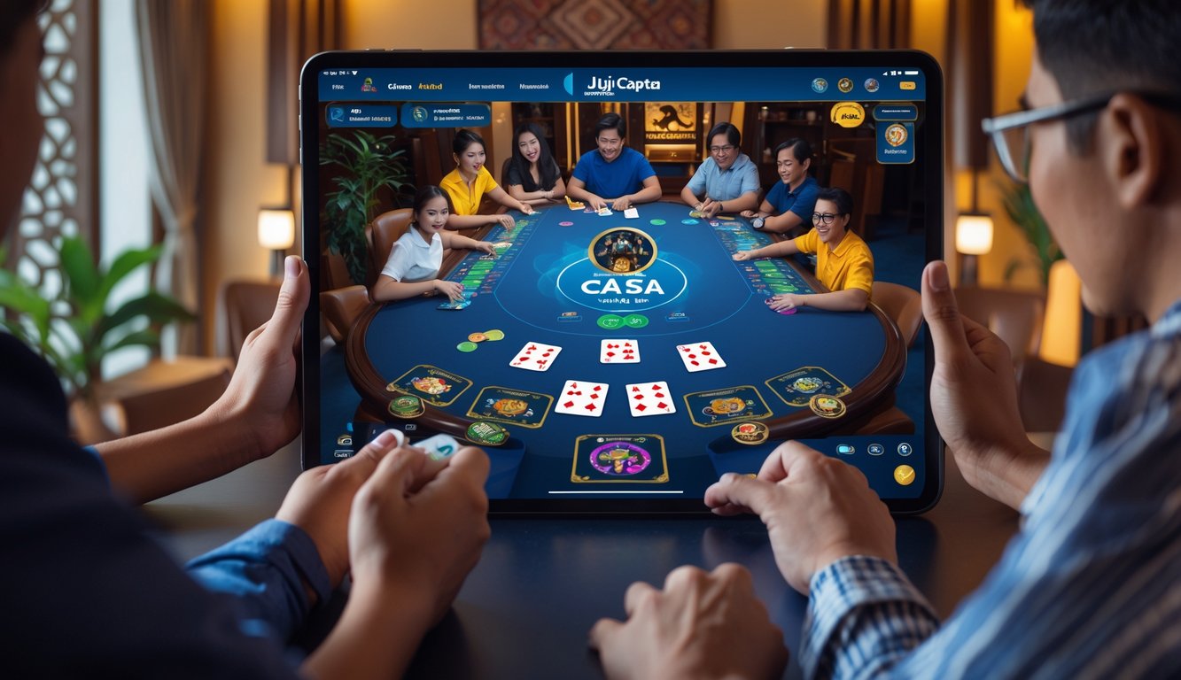 Beberapa orang bermain kartu Capsa secara online menggunakan tablet di ruangan dengan dekorasi batik dan ukiran kayu.