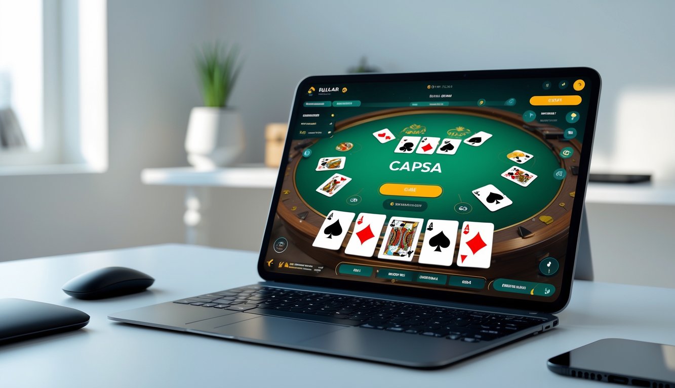 Sebuah perangkat digital menampilkan permainan kartu Capsa dengan latar ruang kerja minimalis dan pencahayaan alami.