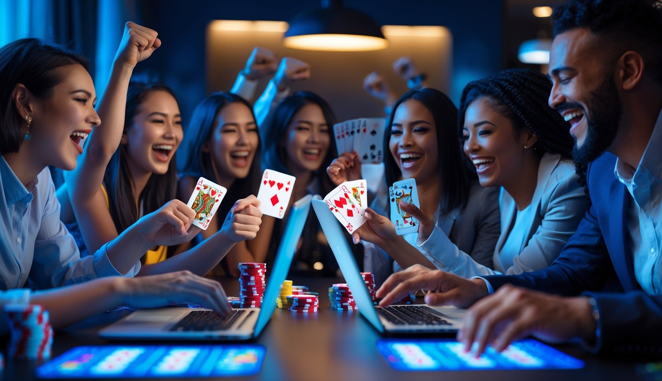 Beberapa orang bermain kartu online dengan ekspresi senang dan suasana ruangan yang modern dan terang.