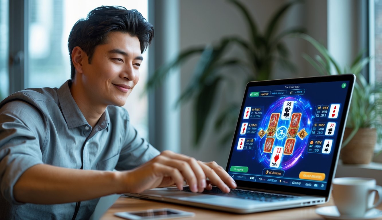 Seorang dewasa muda bermain permainan kartu online dengan laptop di ruangan yang terang dan nyaman.