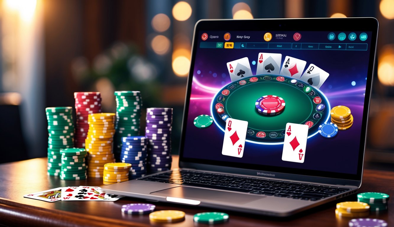 Meja kayu dengan laptop yang menampilkan permainan kartu online, tumpukan chip poker, dan beberapa kartu yang tersebar.