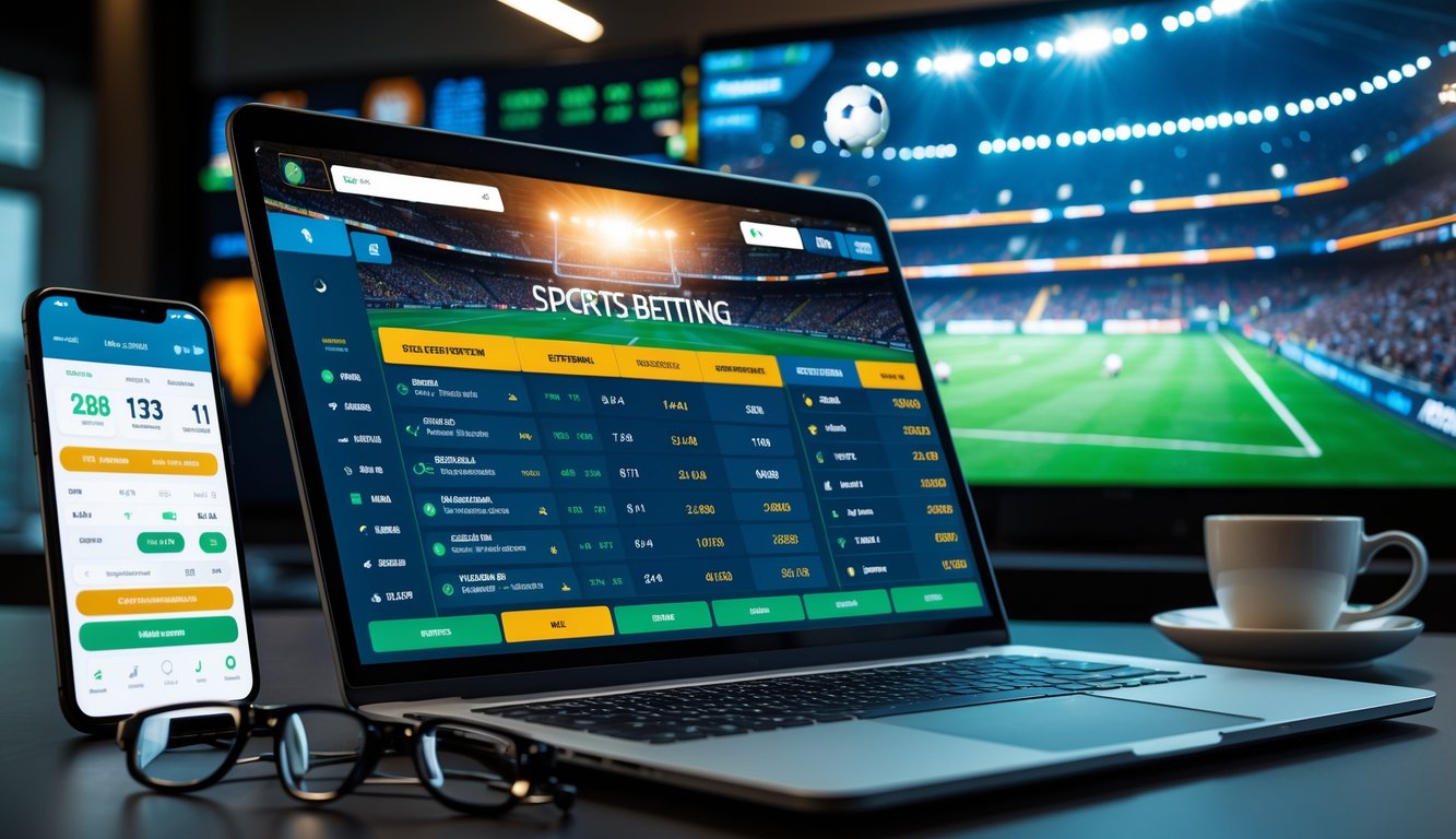 Sebuah ruang kerja modern dengan laptop menampilkan antarmuka taruhan olahraga online dan layar besar menampilkan stadion sepak bola yang penuh penonton.