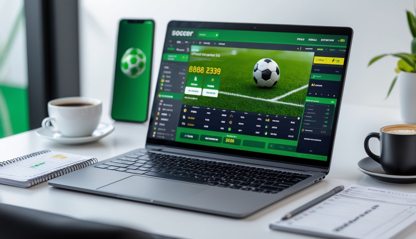Suasana kerja modern dengan laptop yang menampilkan antarmuka taruhan sepak bola online dan perangkat pendukung di sekitarnya.