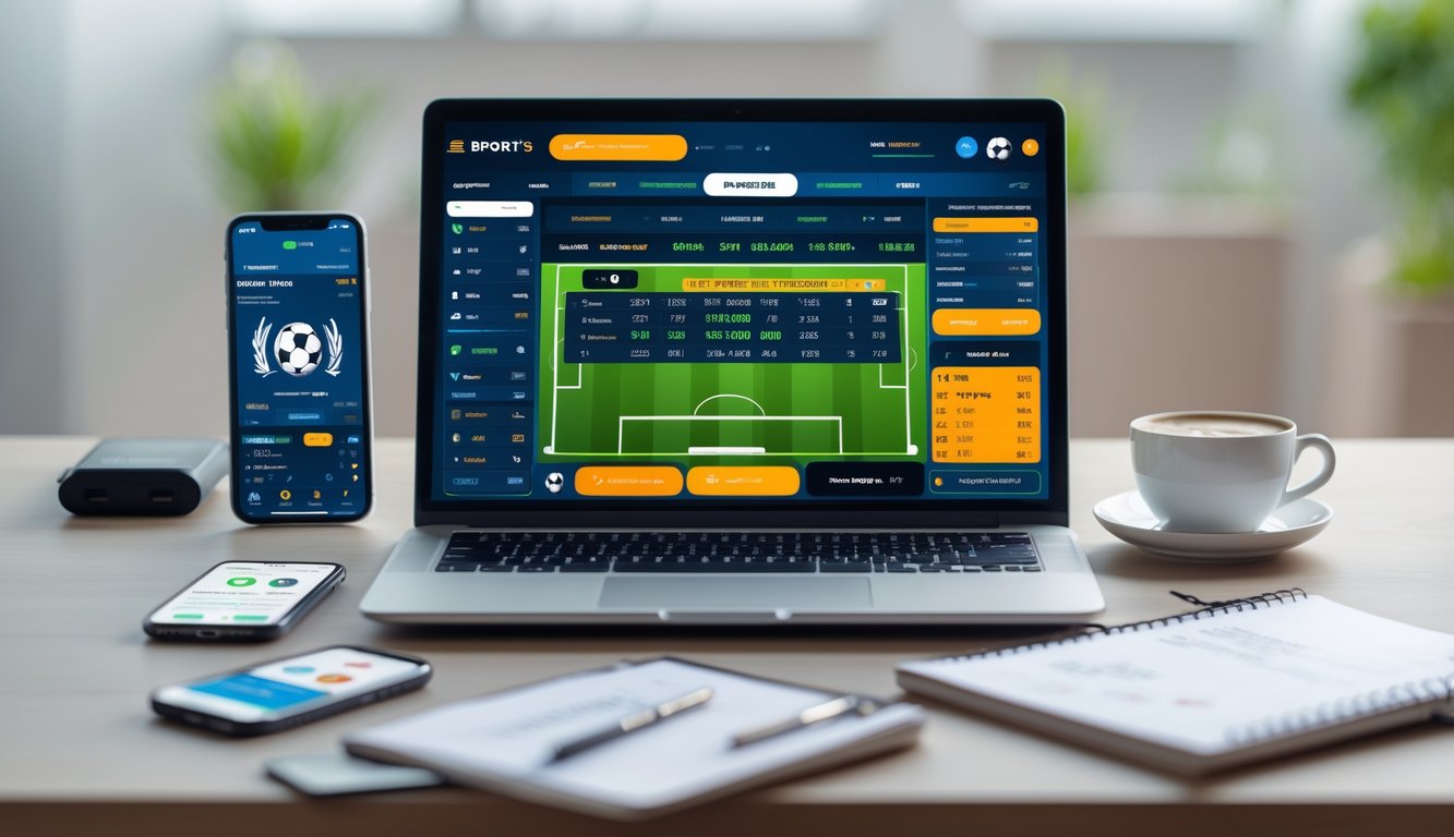 Seorang pengguna duduk di depan laptop dengan layar yang menampilkan statistik dan peluang taruhan sepak bola secara online di ruang kerja yang rapi.
