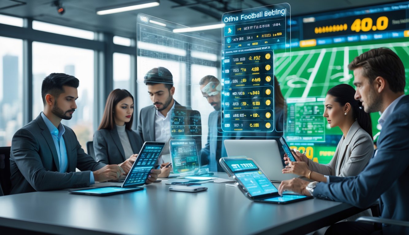 Orang-orang menggunakan perangkat digital untuk memasang taruhan sepak bola online di lingkungan kerja modern dengan layar holografik dan latar kota.