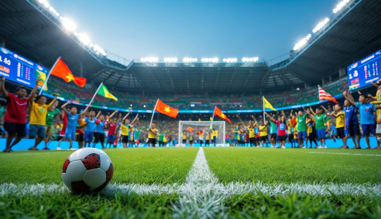 Stadion sepak bola Indonesia yang ramai dengan penggemar yang bersemangat dan bola sepak di lapangan hijau.