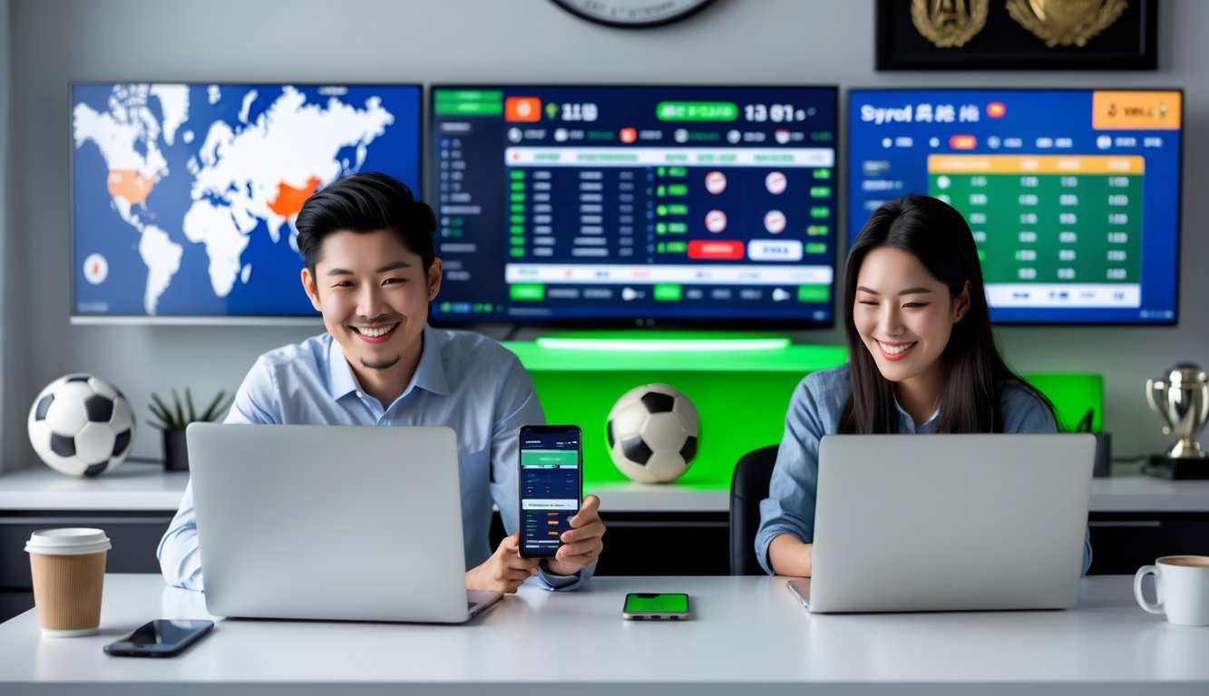 Seorang pria dan wanita Asia duduk di meja modern menggunakan laptop dan ponsel untuk memasang taruhan olahraga online dengan layar menampilkan pertandingan sepak bola.