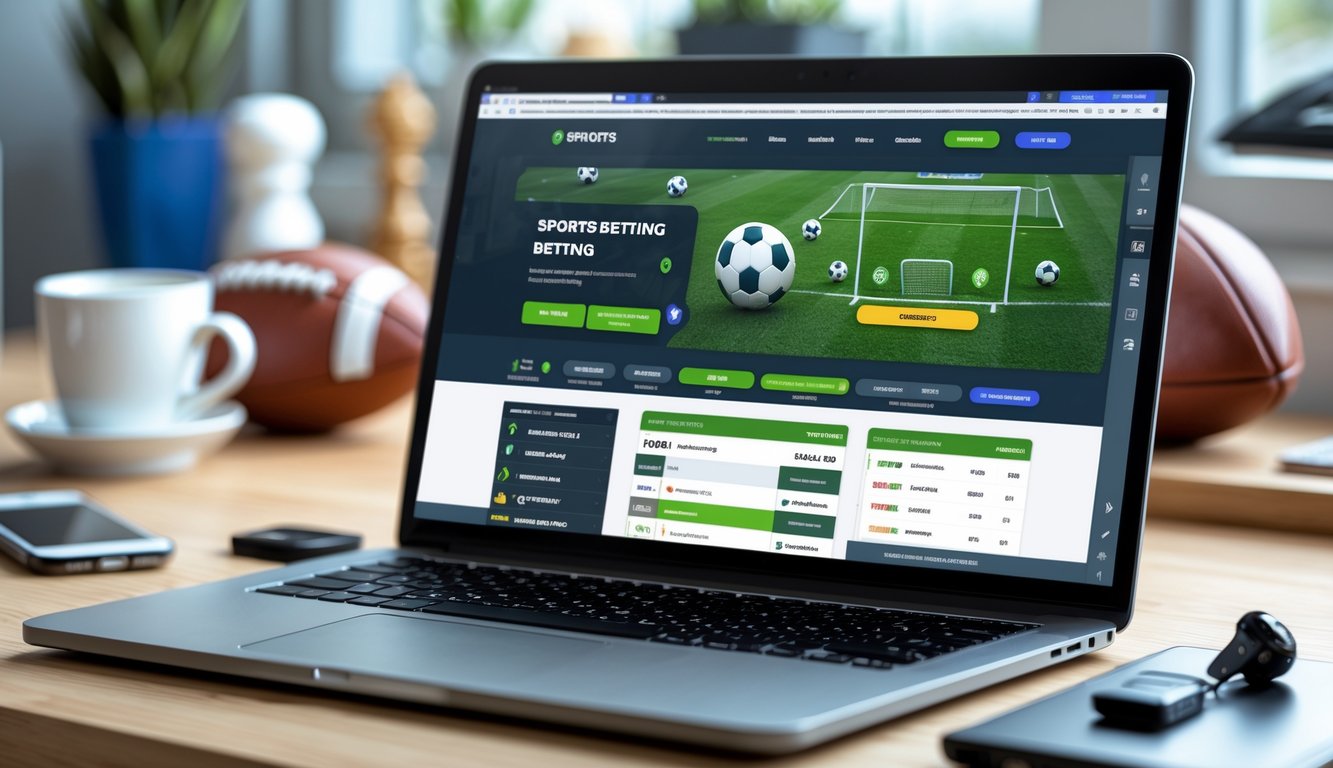 Sebuah ruang kerja modern dengan laptop yang menampilkan antarmuka situs taruhan olahraga, dikelilingi oleh cangkir kopi, ponsel, dan memorabilia olahraga di atas meja kayu.