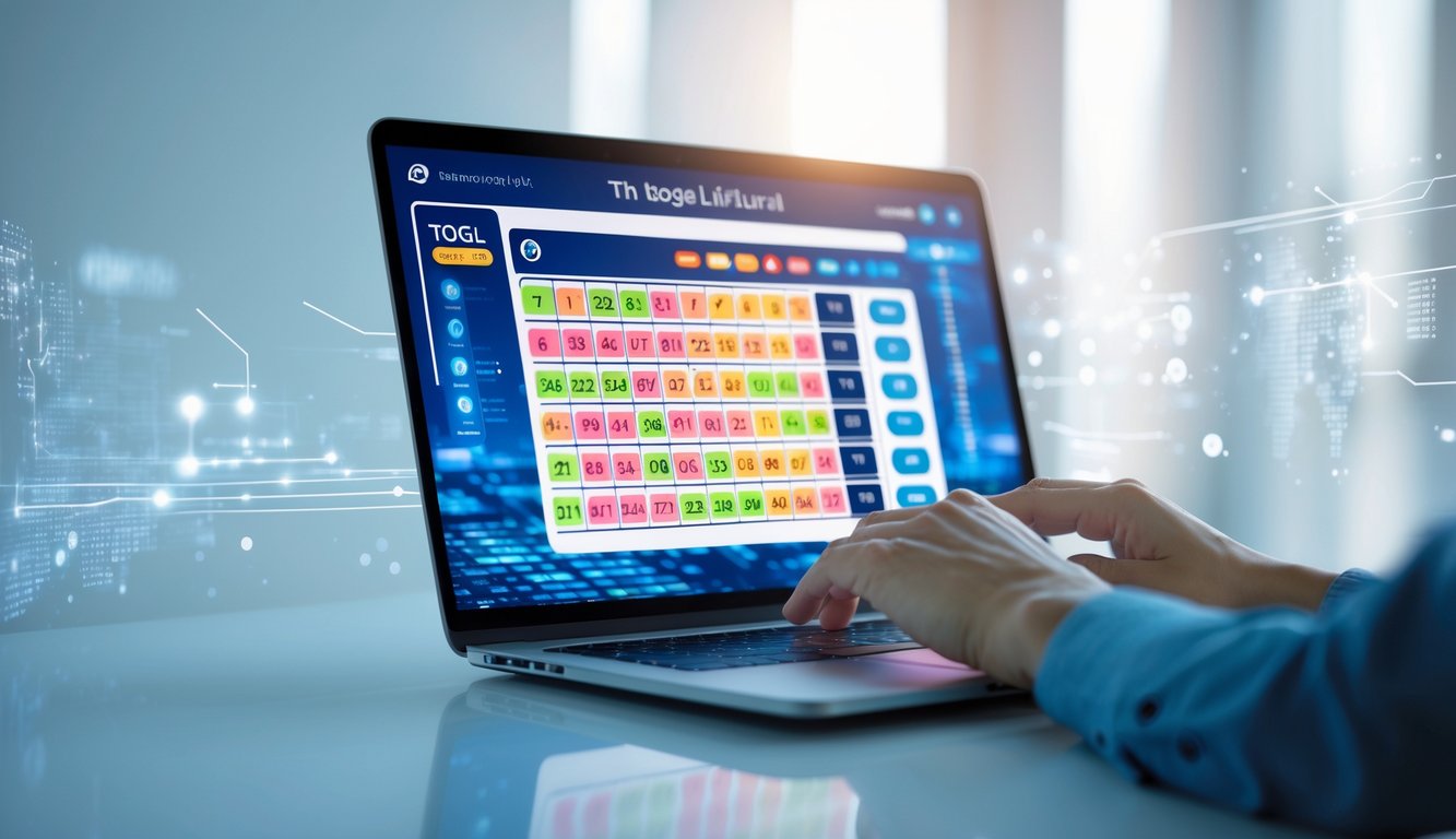 Seseorang menggunakan laptop dengan tampilan angka dan grafik yang mewakili permainan togel online.