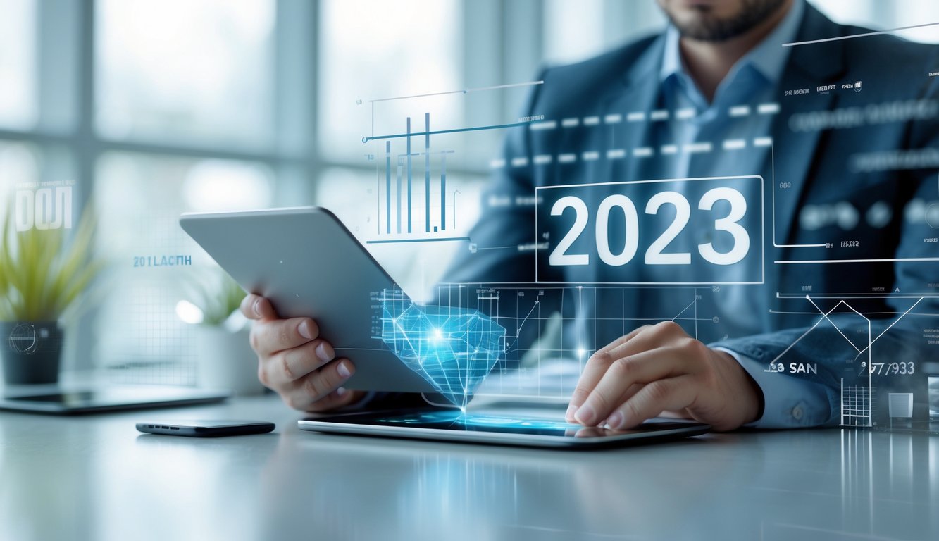 Seorang profesional sedang menganalisis angka dan grafik di kantor modern yang terang.