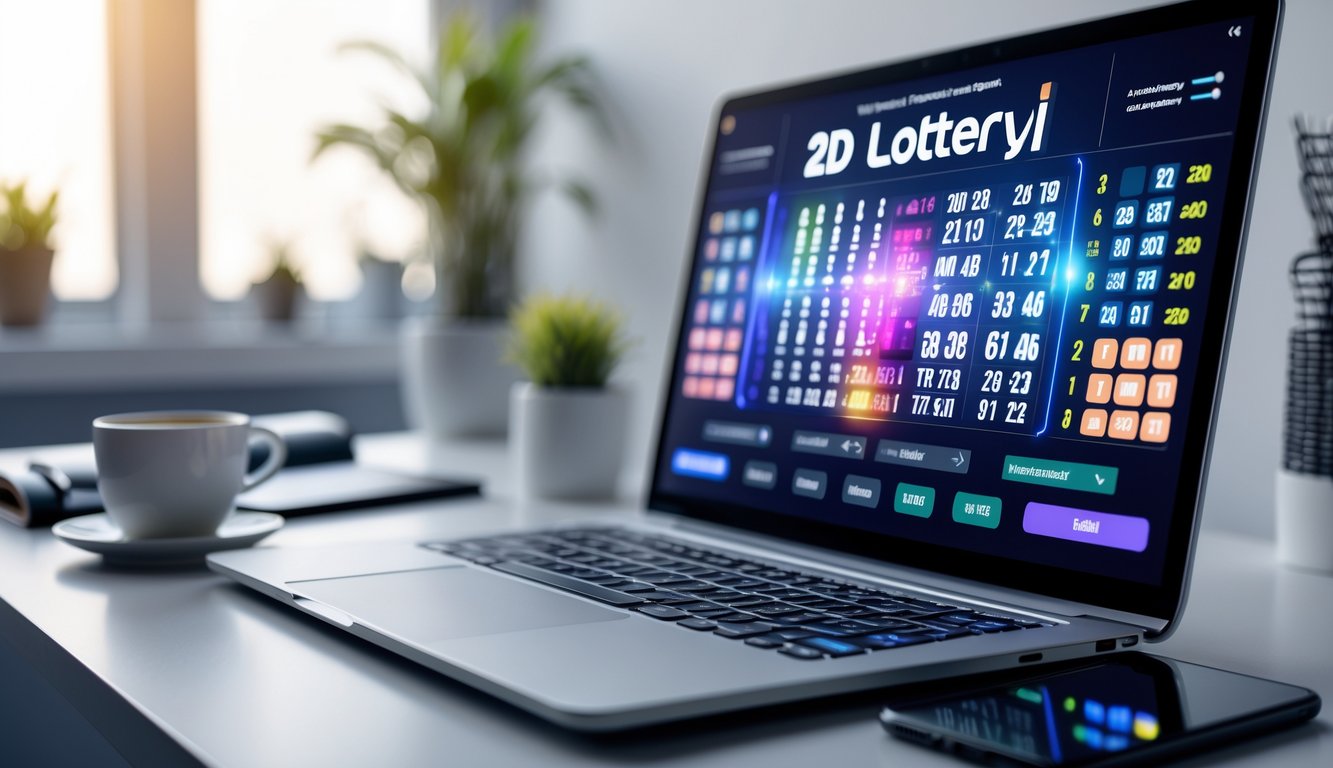 Sebuah meja kerja dengan komputer menampilkan tampilan angka dan grafik yang berhubungan dengan permainan togel online.