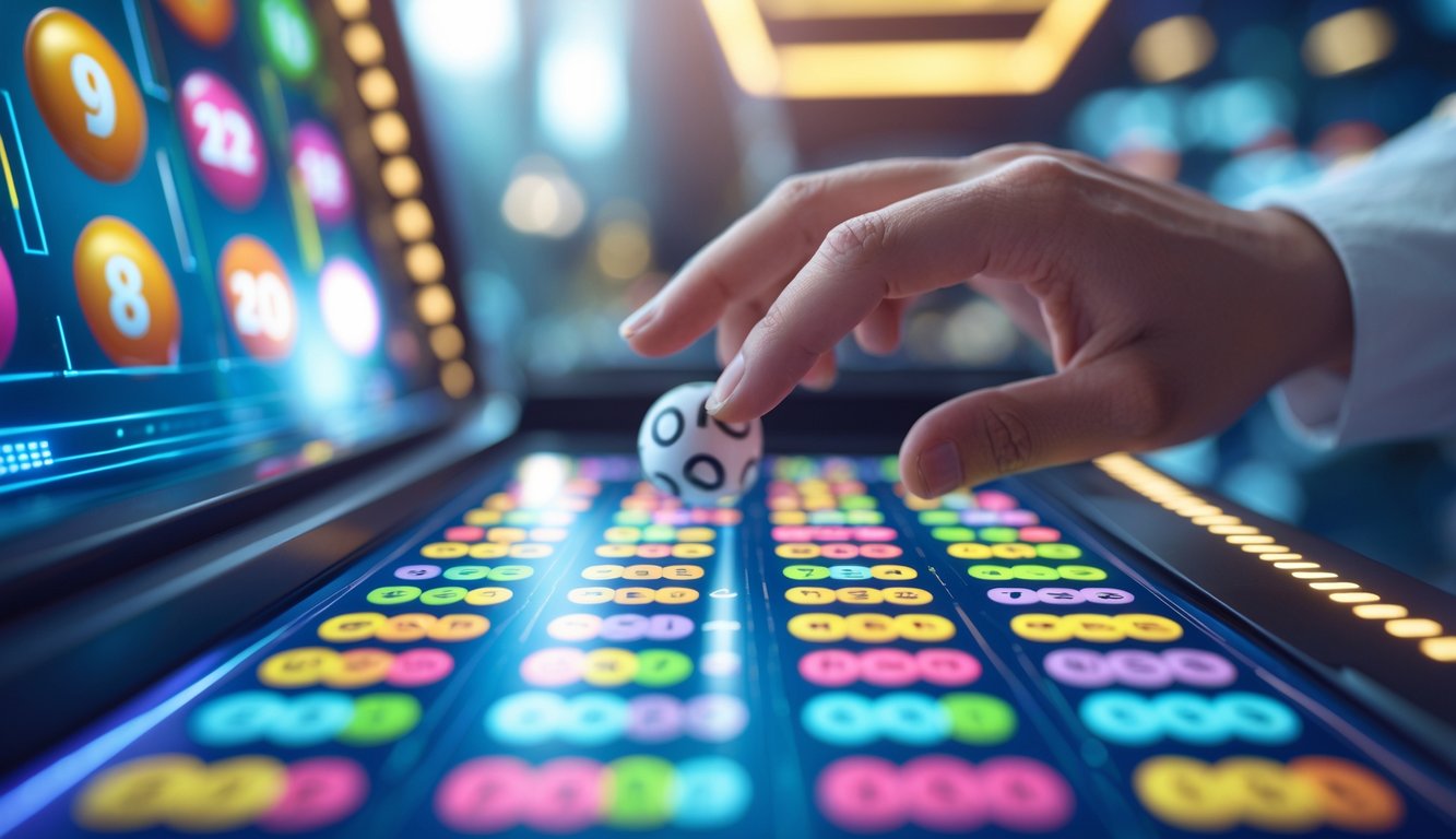 Tangan yang sedang menggunakan layar sentuh dengan tampilan angka dan bola lotere dalam lingkungan teknologi modern.