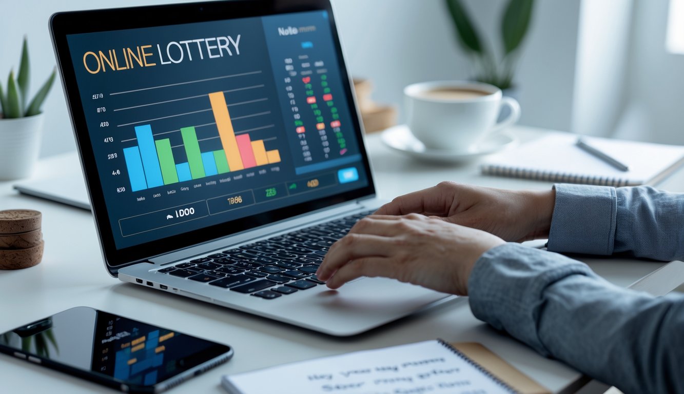 Seseorang bekerja dengan laptop di meja modern, menampilkan grafik dan angka yang menunjukkan analisis data terkait togel online.