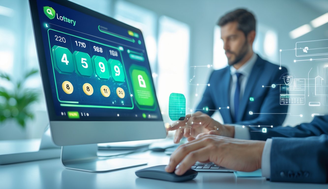 Seorang profesional menggunakan perangkat digital dengan tampilan angka lotere dan simbol keamanan di lingkungan kantor yang bersih dan terang.