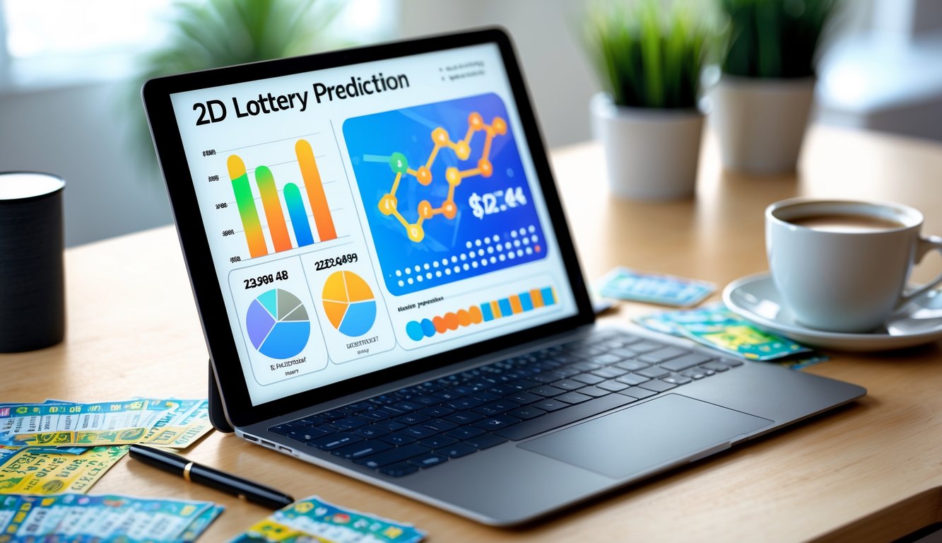 Meja kerja dengan laptop yang menampilkan grafik dan angka prediksi togel, tiket togel, pulpen, dan cangkir kopi.