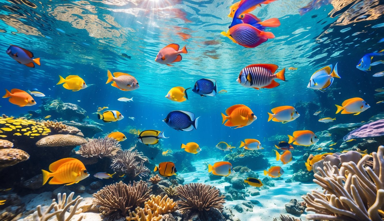 Pemandangan bawah laut dengan berbagai ikan tropis berwarna-warni berenang di antara terumbu karang dan tanaman air.