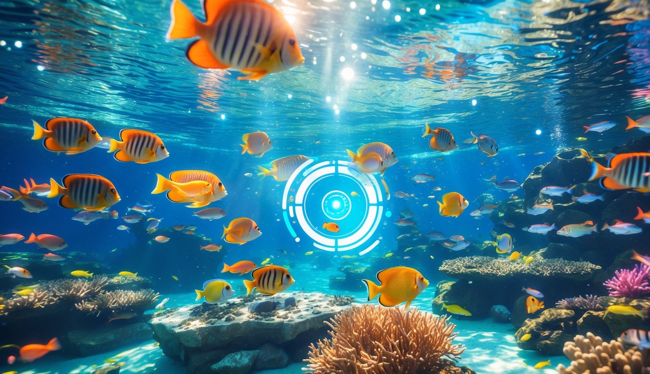 Pemandangan bawah laut dengan ikan tropis berwarna-warni berenang di sekitar terumbu karang yang jernih.