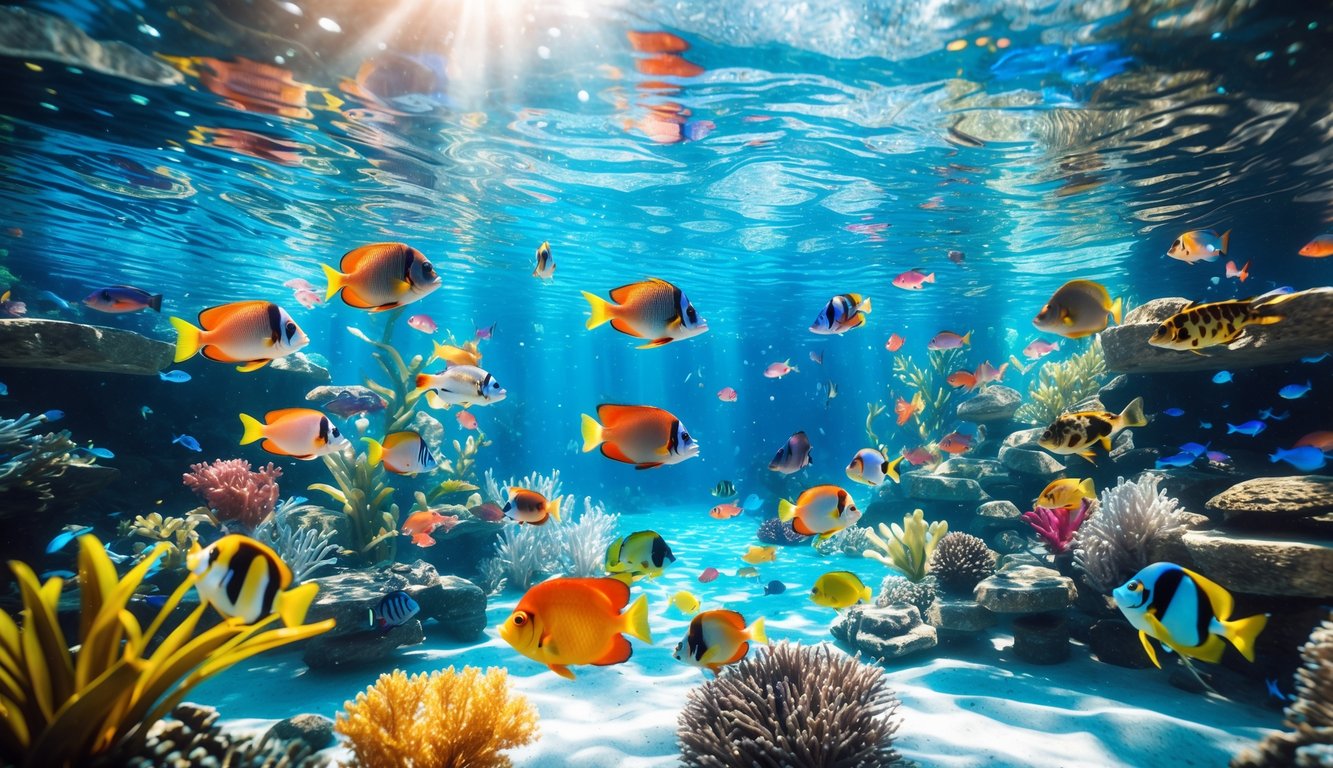 Pemandangan bawah laut dengan berbagai ikan tropis berwarna-warni berenang di antara terumbu karang dan tanaman air.