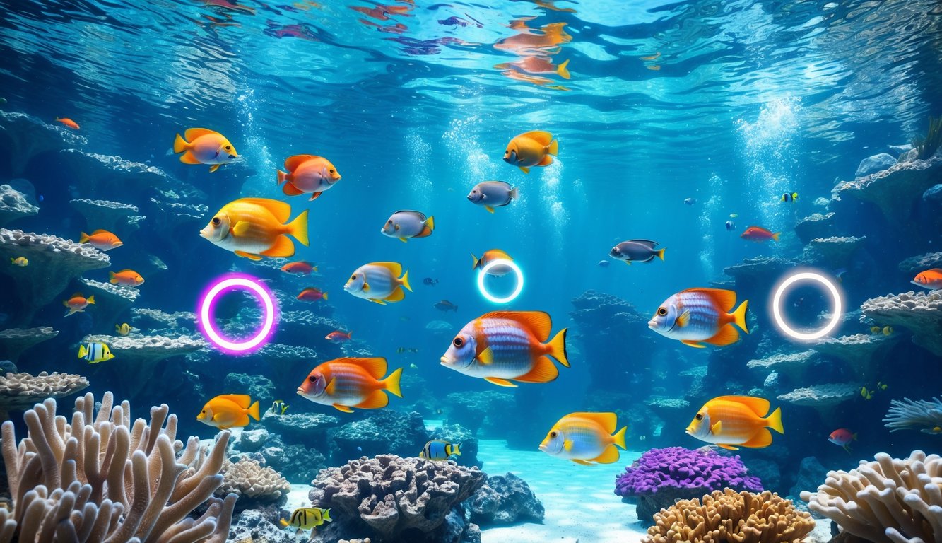 Pemandangan bawah laut dengan berbagai ikan tropis berwarna-warni berenang di antara terumbu karang.