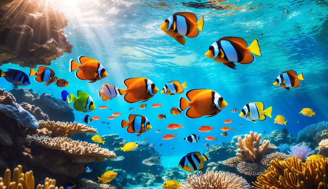 Pemandangan bawah laut dengan berbagai ikan tropis berwarna-warni berenang di antara terumbu karang.