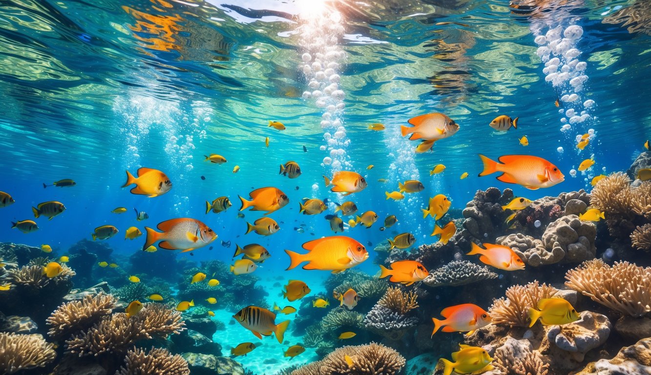 Pemandangan bawah laut yang penuh dengan ikan tropis berwarna-warni berenang di antara terumbu karang.