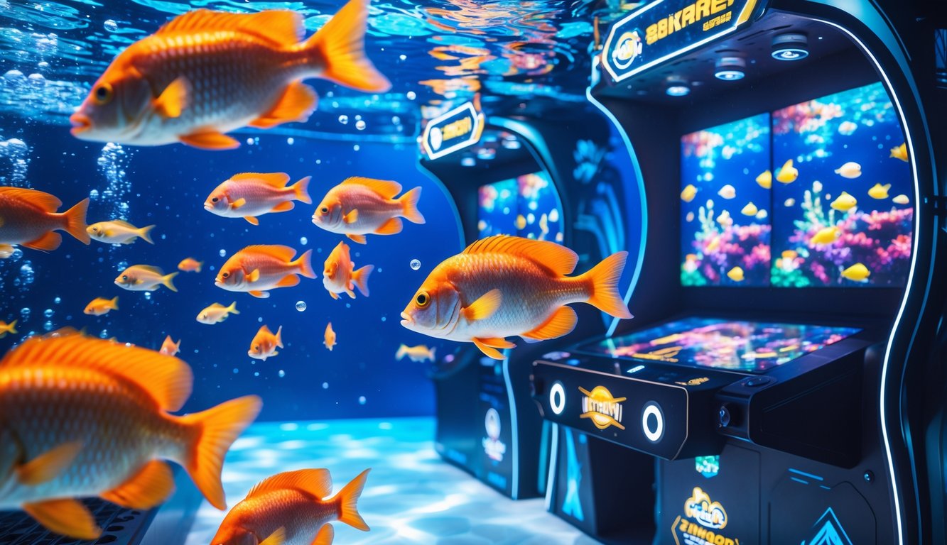 Adegan bawah laut dengan berbagai ikan berwarna-warni dan mesin permainan menembak ikan yang modern dan terang.
