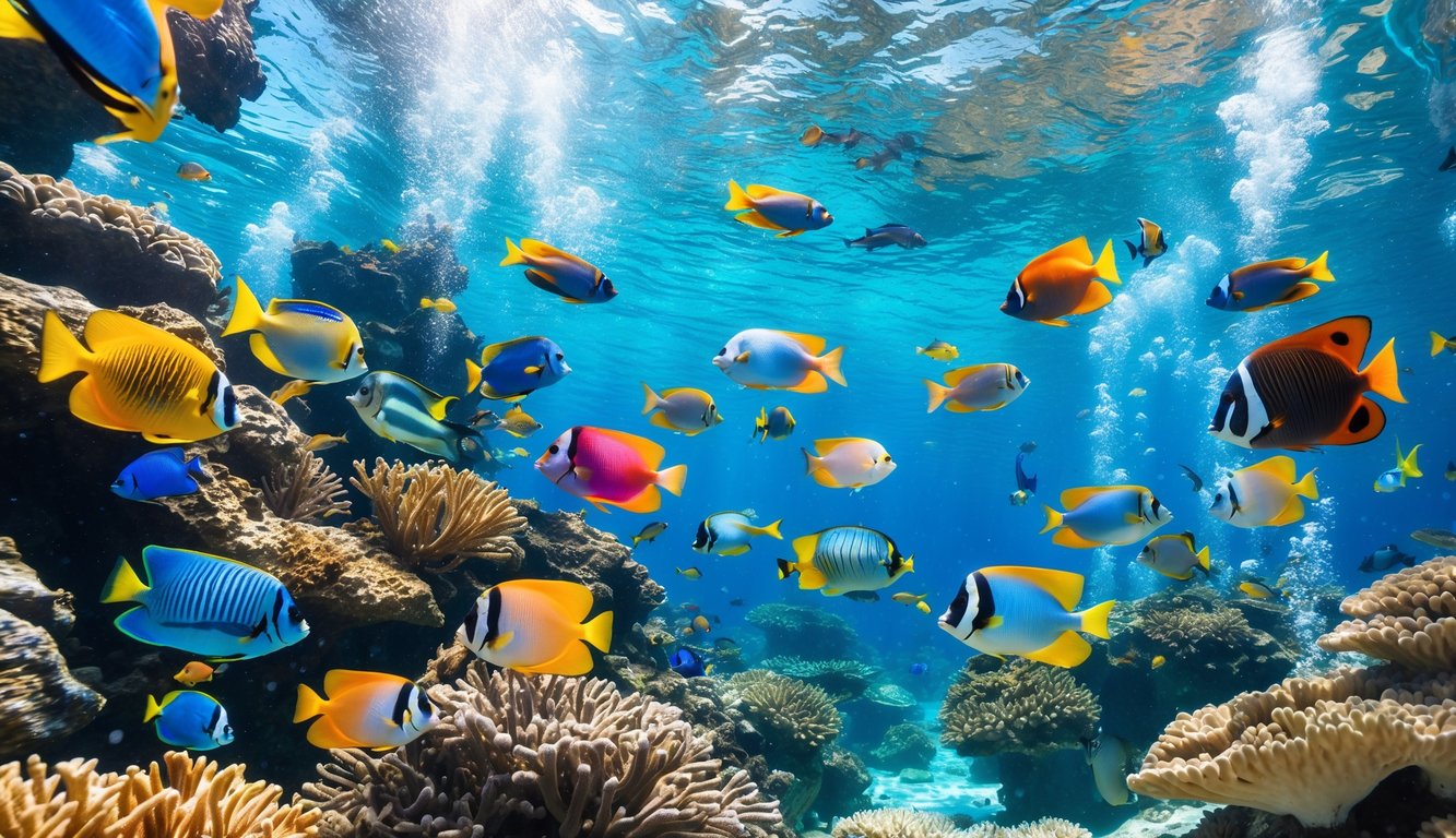 Pemandangan bawah laut dengan berbagai ikan tropis berwarna-warni berenang di sekitar terumbu karang.