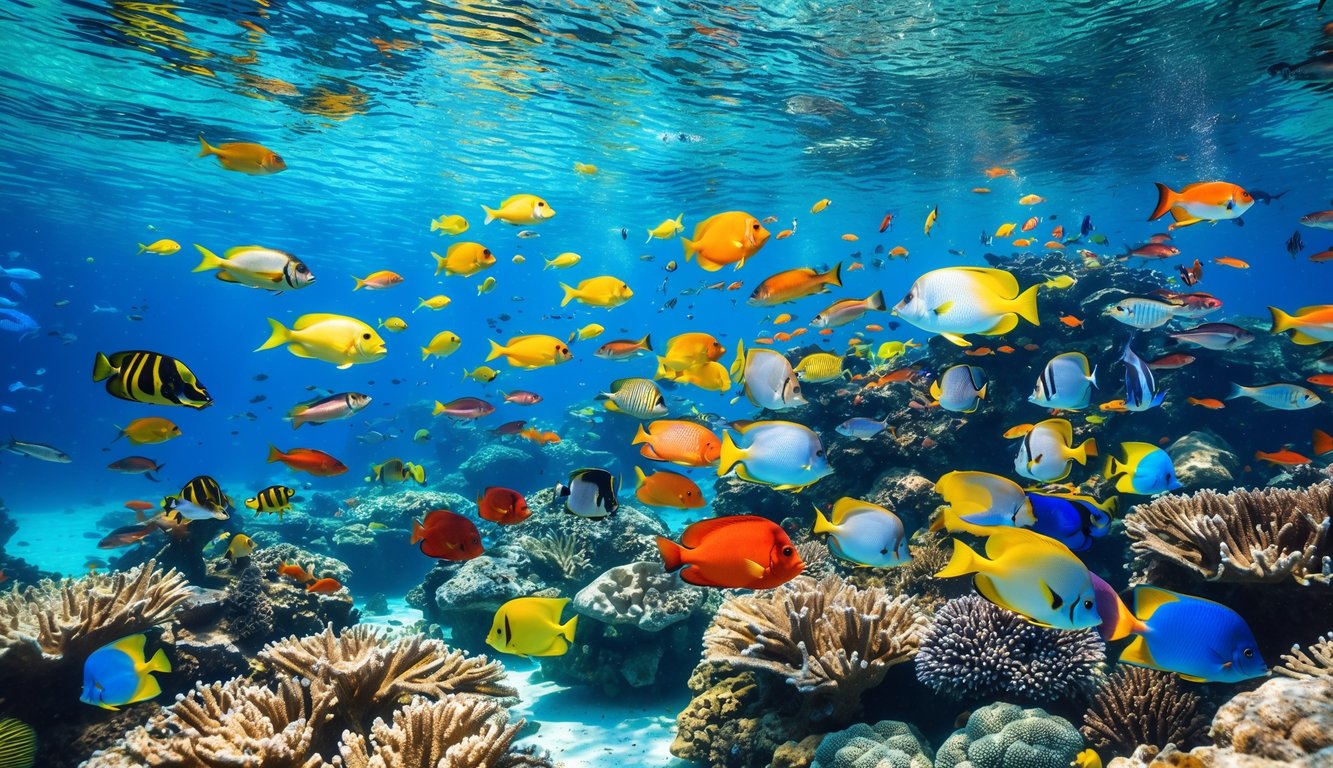 Pemandangan bawah laut dengan berbagai ikan tropis berwarna-warni berenang di antara terumbu karang.