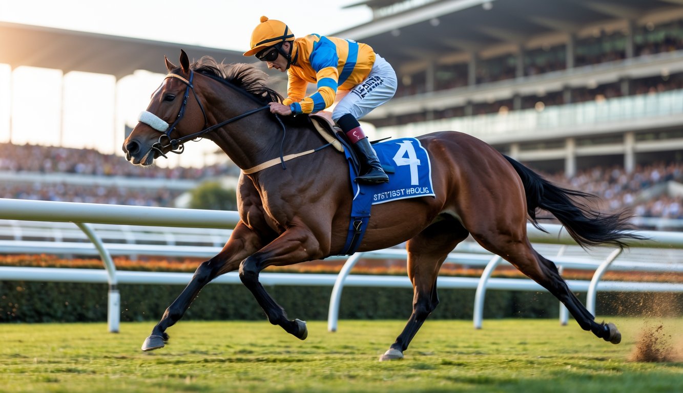 Seekor kuda pacu nomor satu sedang berlari kencang di lintasan dengan joki yang mengenakan pakaian balap berwarna cerah, di depan kerumunan penonton di stadion.