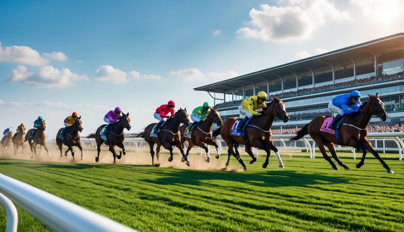 Lomba kuda di arena balap dengan kuda dan joki yang sedang berlari cepat di lintasan hijau, penonton terlihat di tribun di latar belakang.