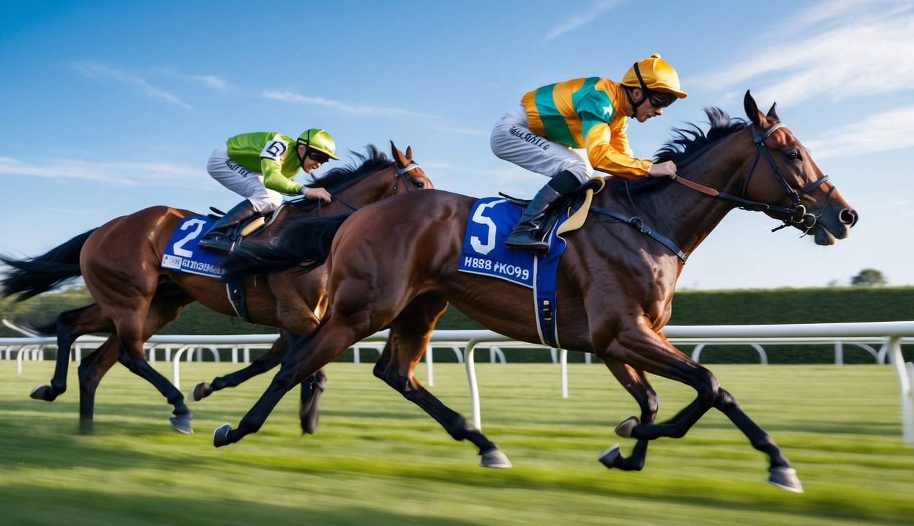 Seekor kuda pacu nomor satu dunia sedang berlari kencang di lintasan dengan joki mengenakan pakaian balap berwarna cerah.