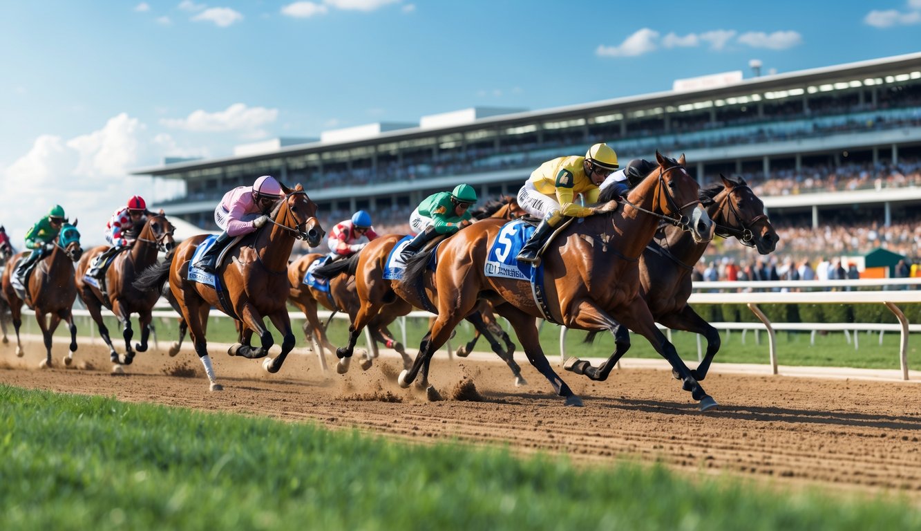 Beberapa kuda pacu dengan joki berwarna-warni sedang berlari kencang di lintasan balap dengan tribun penonton penuh di latar belakang.