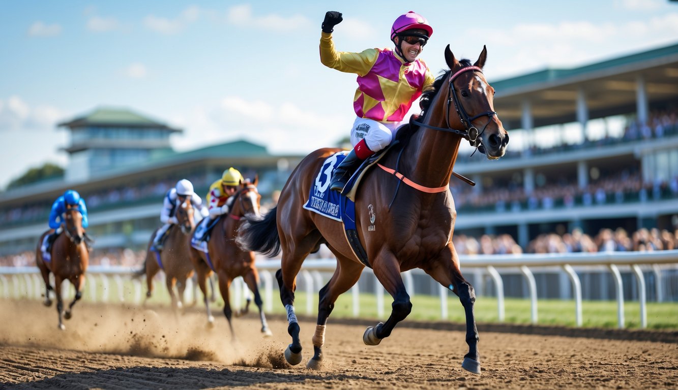 Seekor kuda pacuan melintasi garis finish dengan joki yang merayakan kemenangan di arena balap kuda.