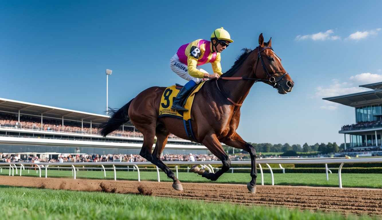 Seekor kuda pacu dengan joki sedang berlari kencang di lintasan balap dengan penonton di latar belakang.