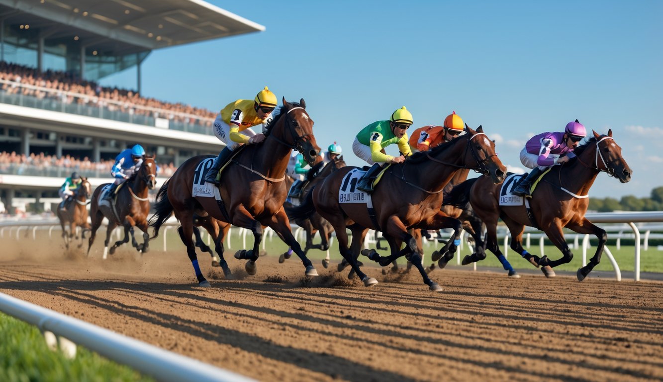 Seekor kuda pacu nomor satu sedang berlari cepat di lintasan dengan joki yang mengenakan pakaian balap berwarna-warni, dikelilingi oleh kuda-kuda lain dan penonton di tribun.