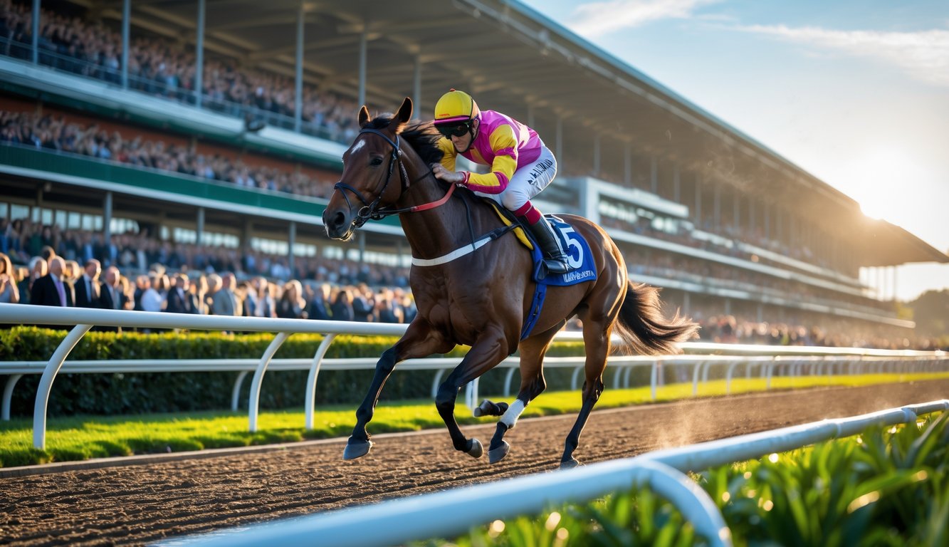 Seekor kuda pacu dengan joki sedang berlari kencang di lintasan balap dengan penonton di latar belakang.
