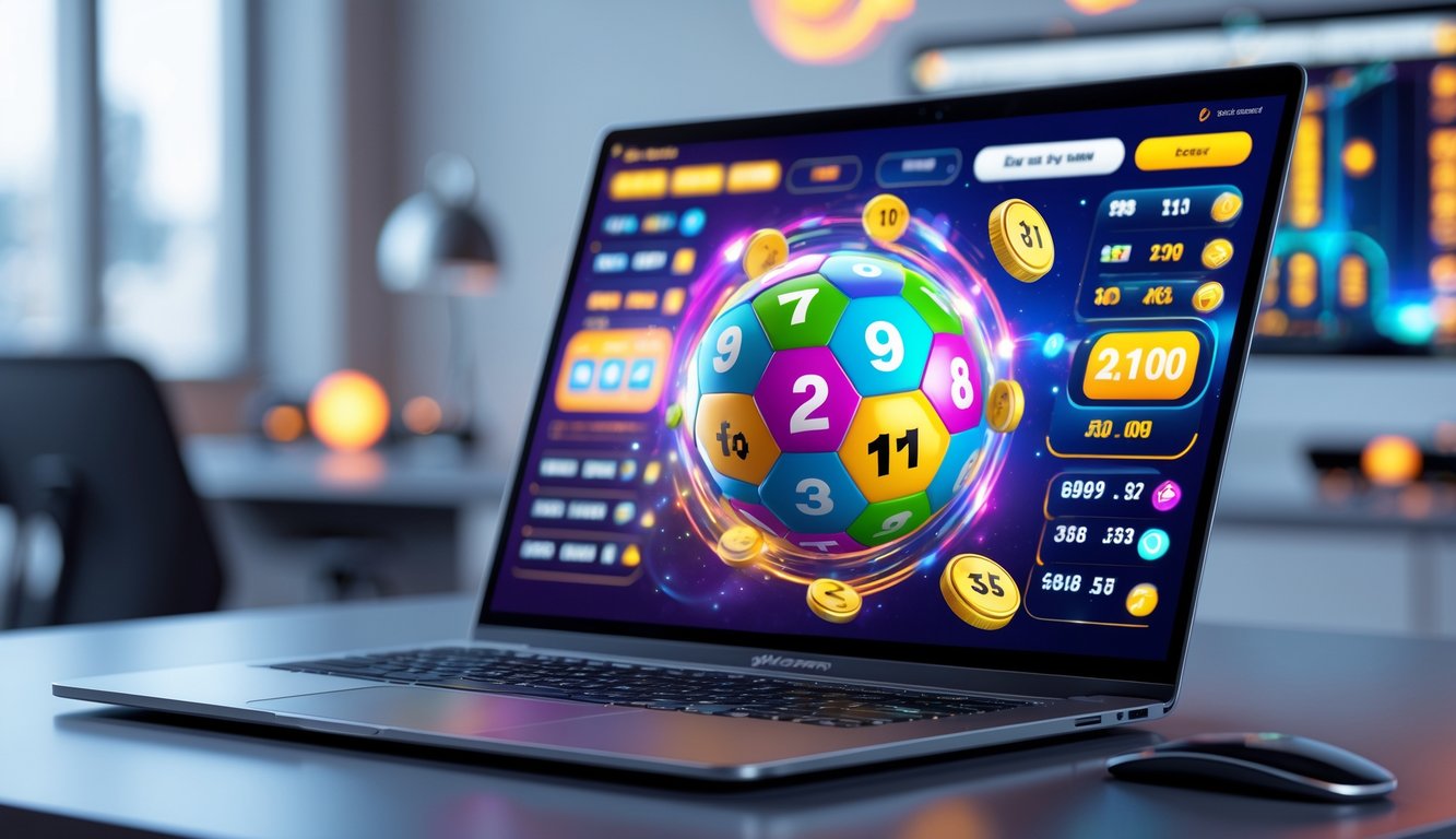 Seseorang menggunakan komputer dengan tampilan permainan lotere 3D online yang berwarna-warni di layar.
