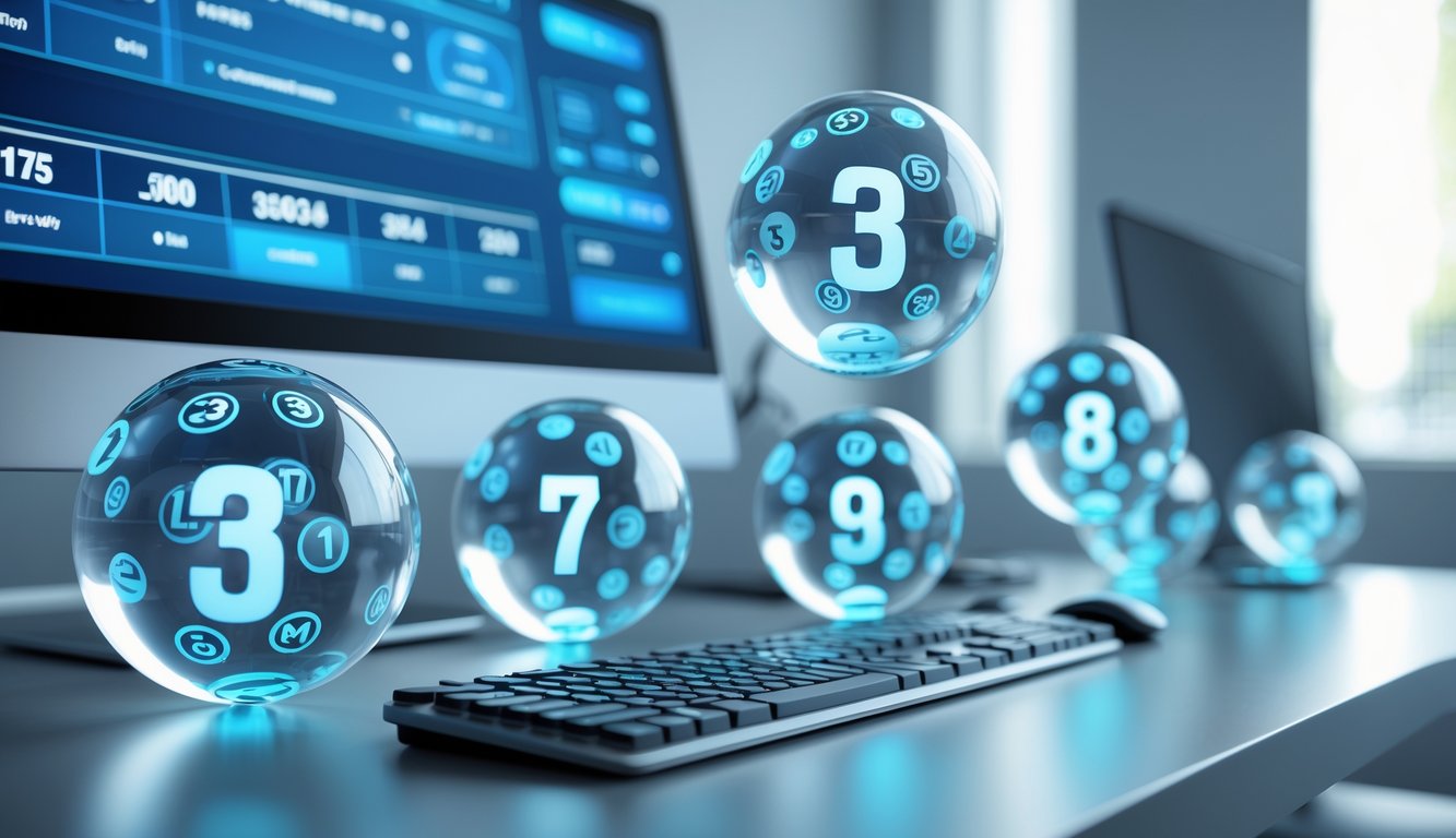 Sebuah setup komputer modern dengan bola lotere 3D mengambang di atas keyboard di ruang kantor yang terang.