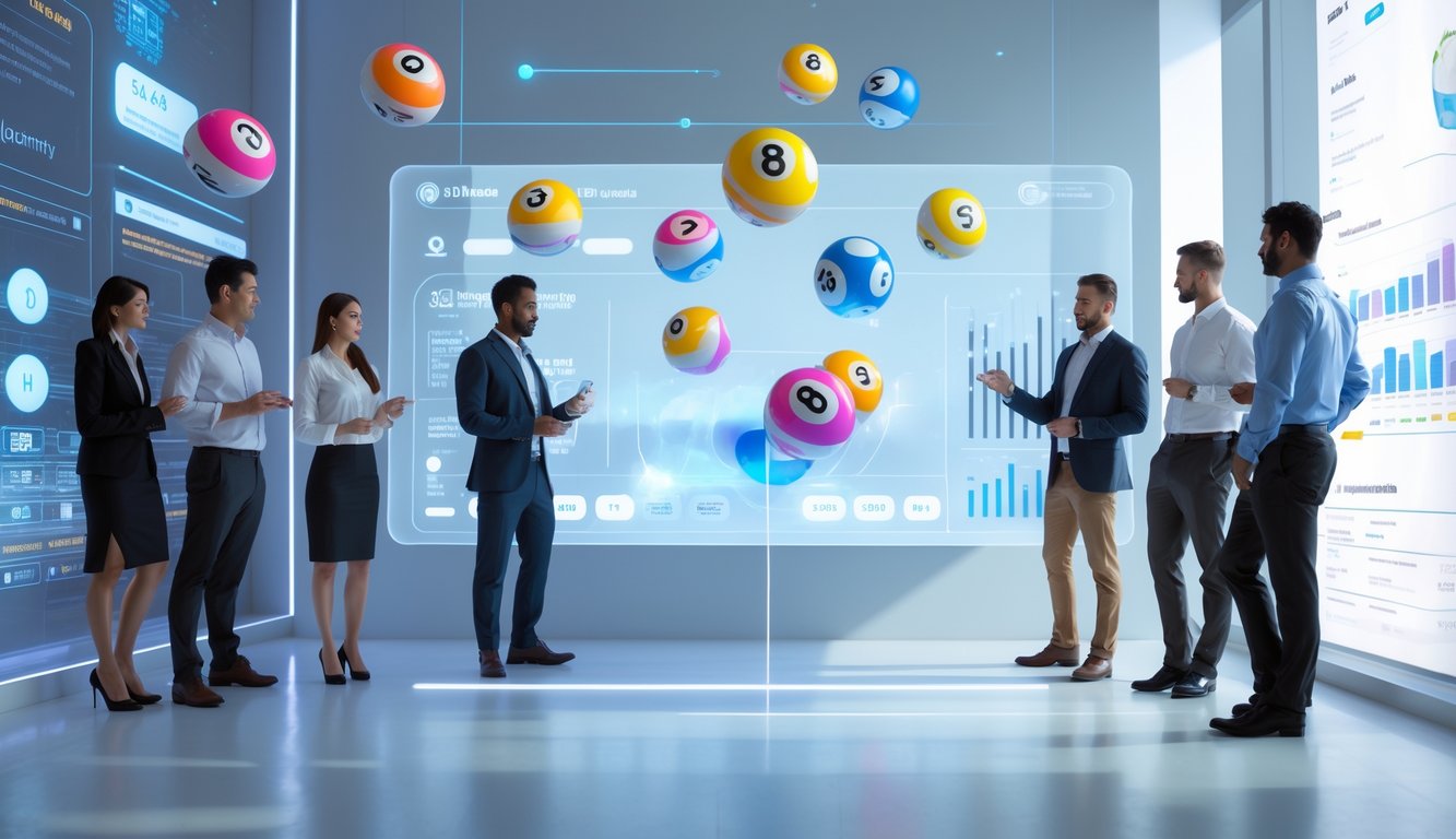 Orang-orang profesional sedang berinteraksi dengan layar digital yang menampilkan bola lotre 3D berwarna-warni di ruang kerja modern.